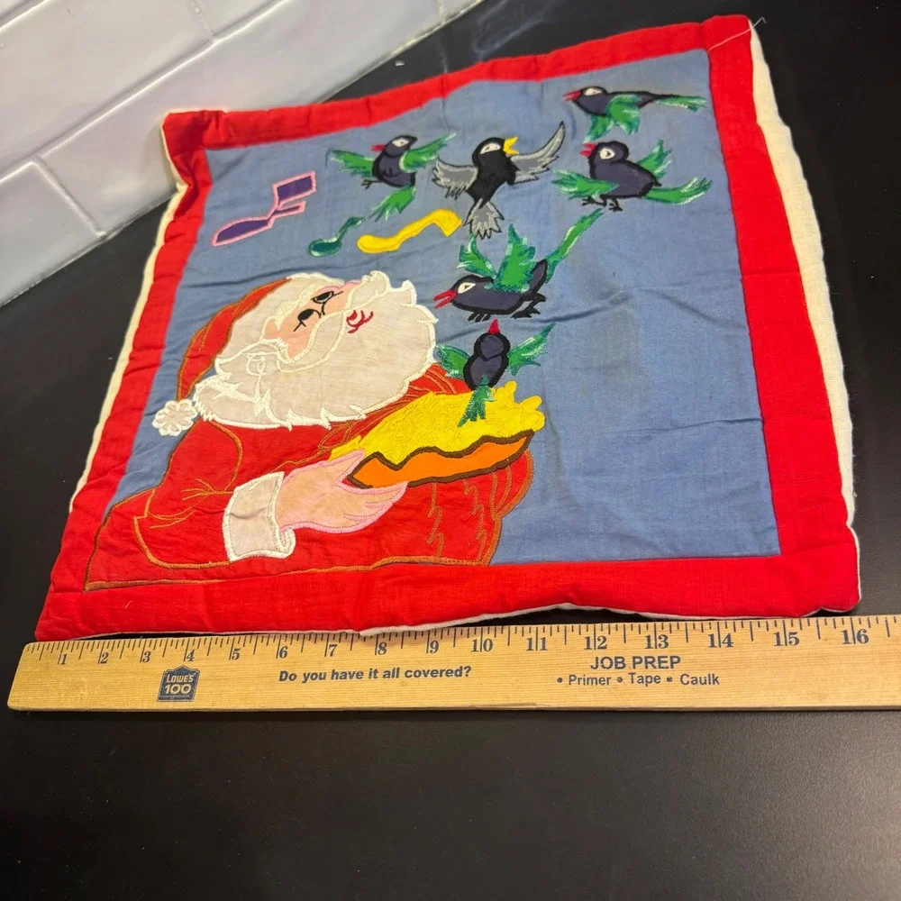 Handmade Pillow Cover Home 16x16 Red Blue Santa Blackbirds Pie Folk Art